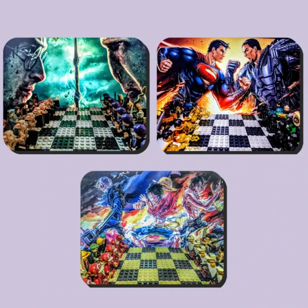 Three Lego-style themed chess boards with pop culture illustrations