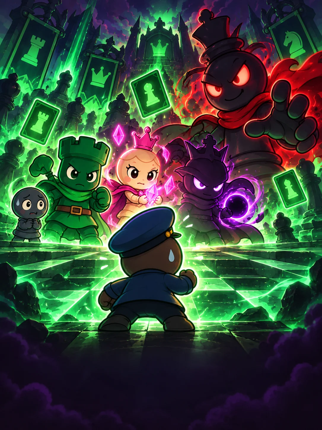 A pawn facing a lineup of powerful character opponents