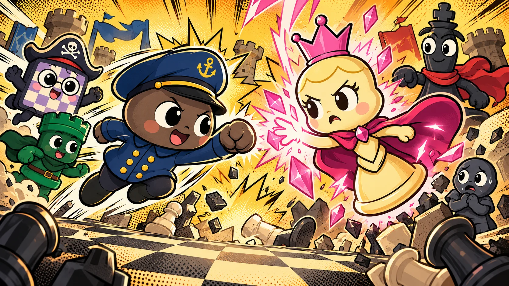 Happy Pawn characters in a comic book chess battle