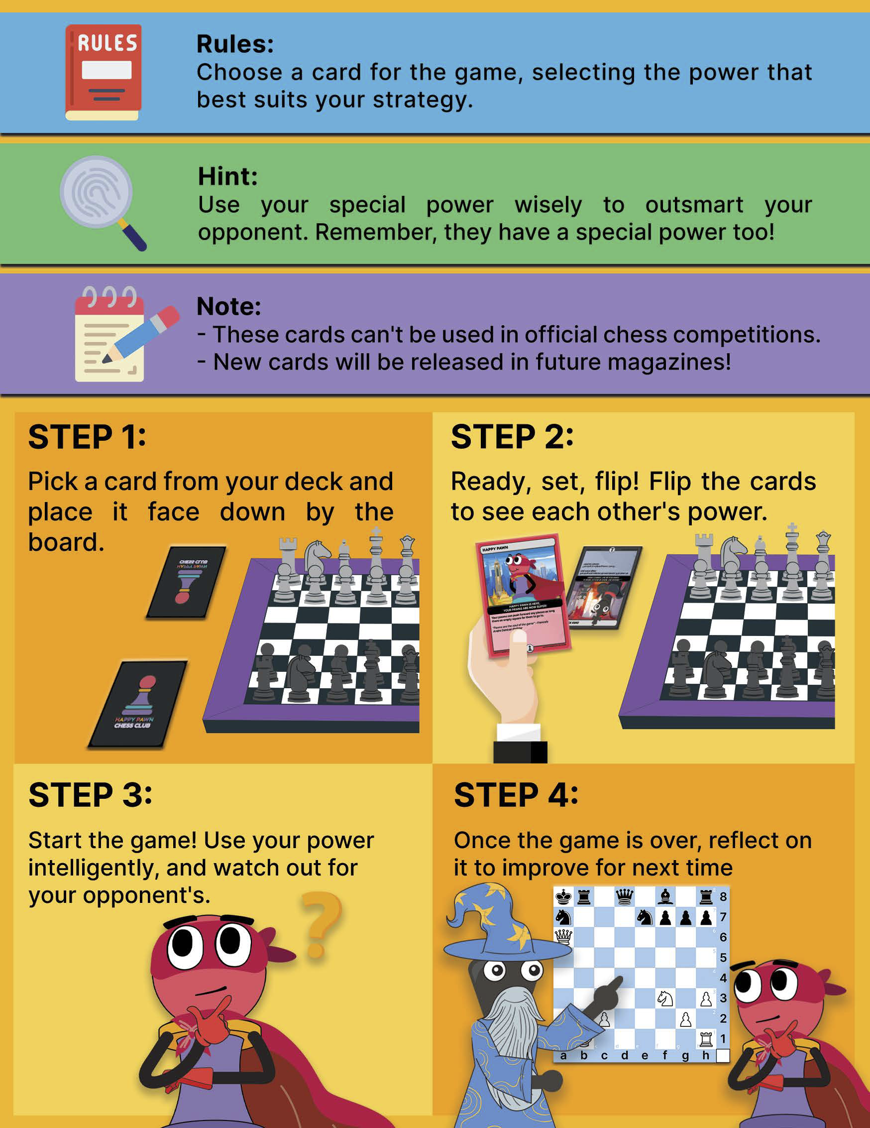Happy Pawn TCG rules explaining how to choose a card, flip, play, and reflect.