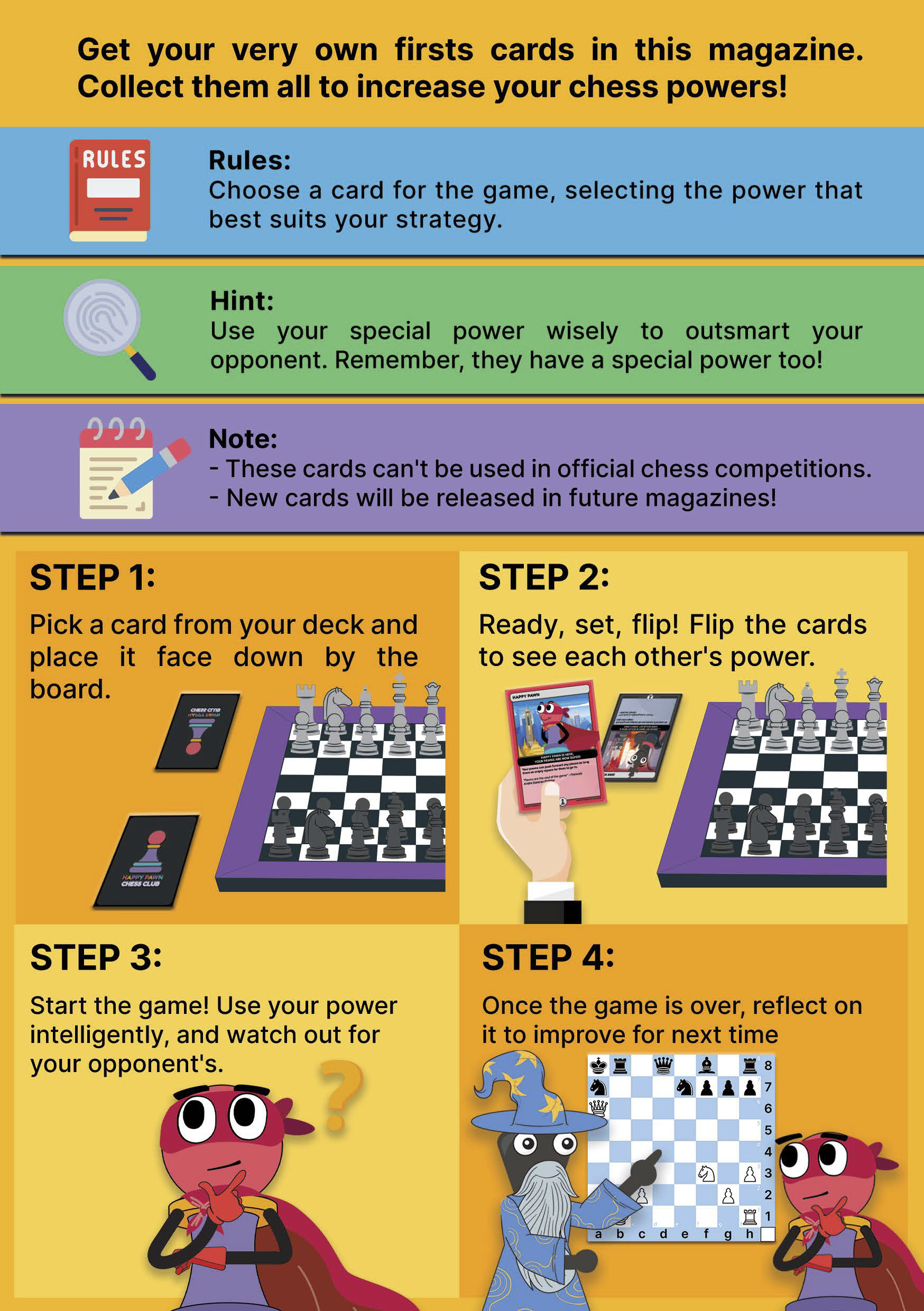 Happy Pawn TCG rules explaining how to choose a card, flip, play, and reflect.
