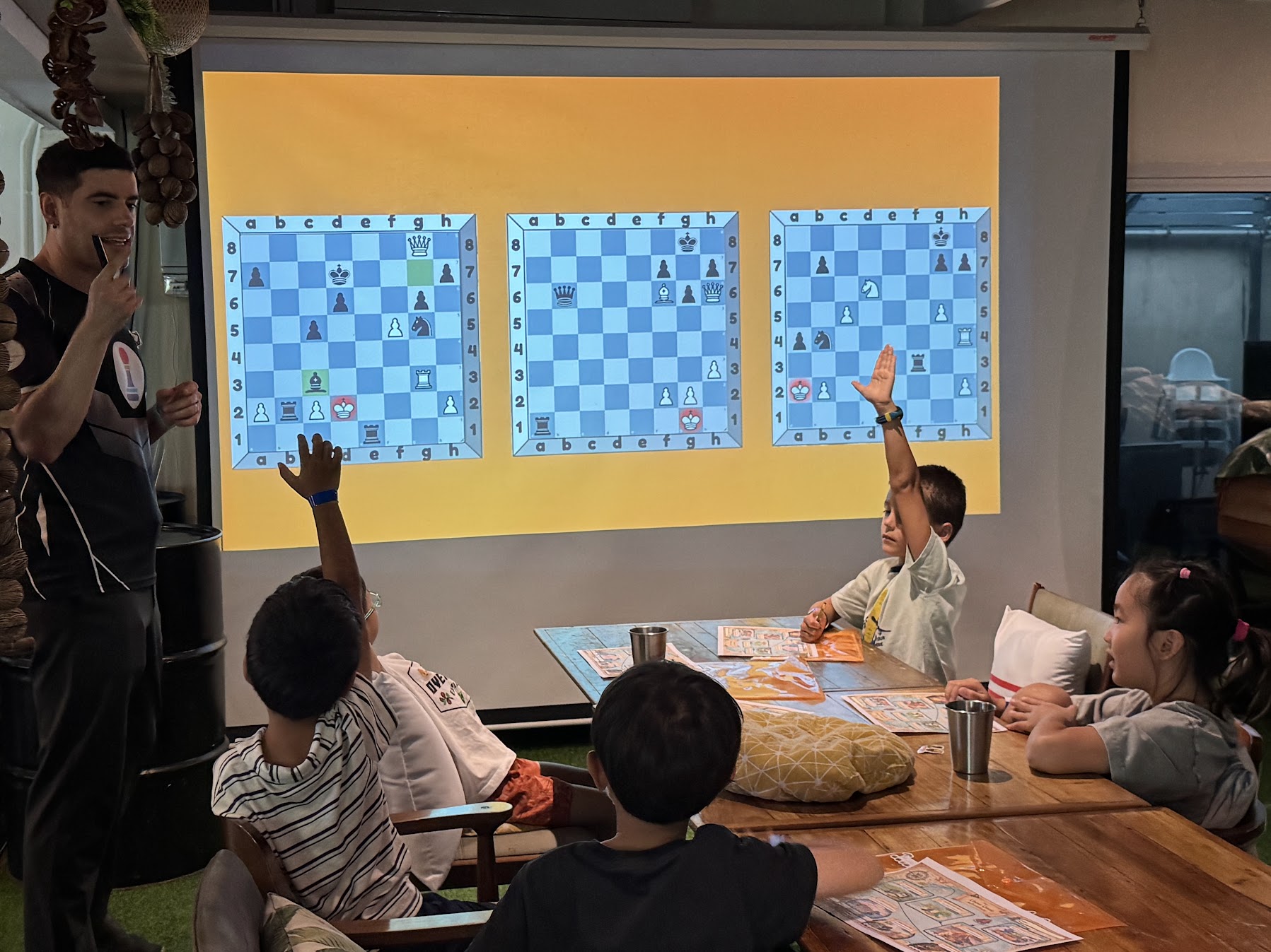 Coach quizzing kids with chess puzzles on the projector